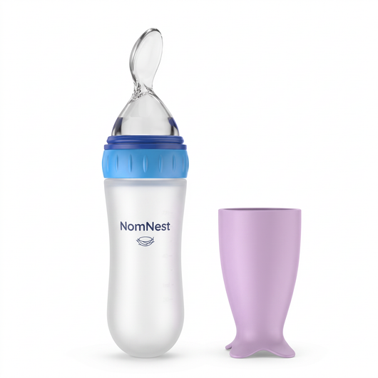 NomNest silicone squeeze baby feeder - blue with purple cap