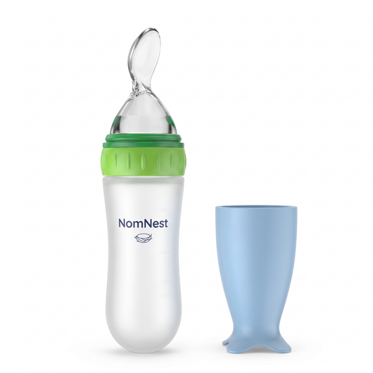 NomNest silicone squeeze baby feeder - green with blue cap