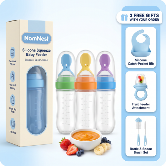 Everything you get - NomNest feeder in three colorways plus 3 free gifts